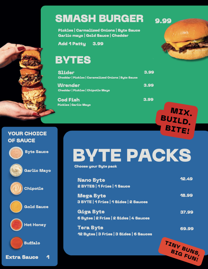 Slider Byte Menu - Smash Burger, Bytes, Sauces, Byte Packs